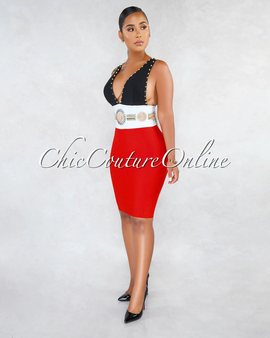 Chic Couture Online Vergara Black Tomato Gold Studs Rhinestone Bandage Dress JUST IN