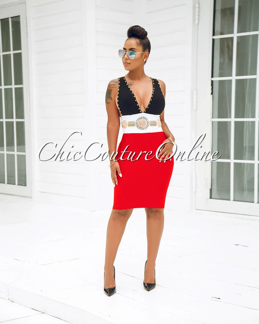 Chic Couture Online Vergara Black Tomato Gold Studs Rhinestone Bandage Dress JUST IN