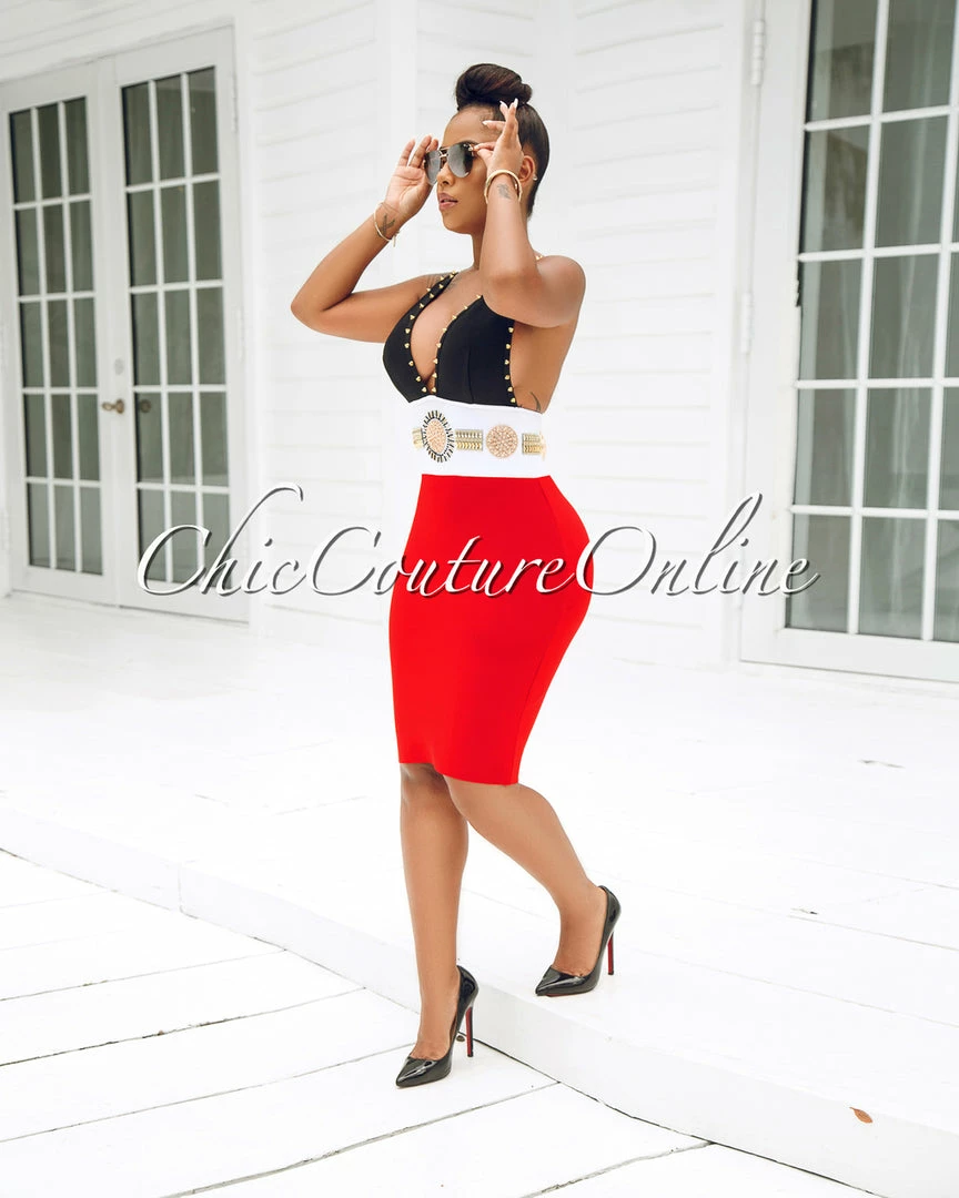 Chic Couture Online Vergara Black Tomato Gold Studs Rhinestone Bandage Dress JUST IN