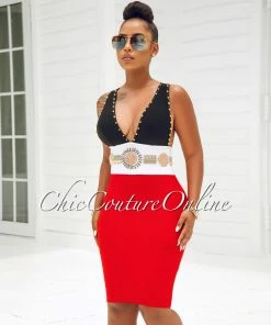 Chic Couture Online Vergara Black Tomato Gold Studs Rhinestone Bandage Dress JUST IN