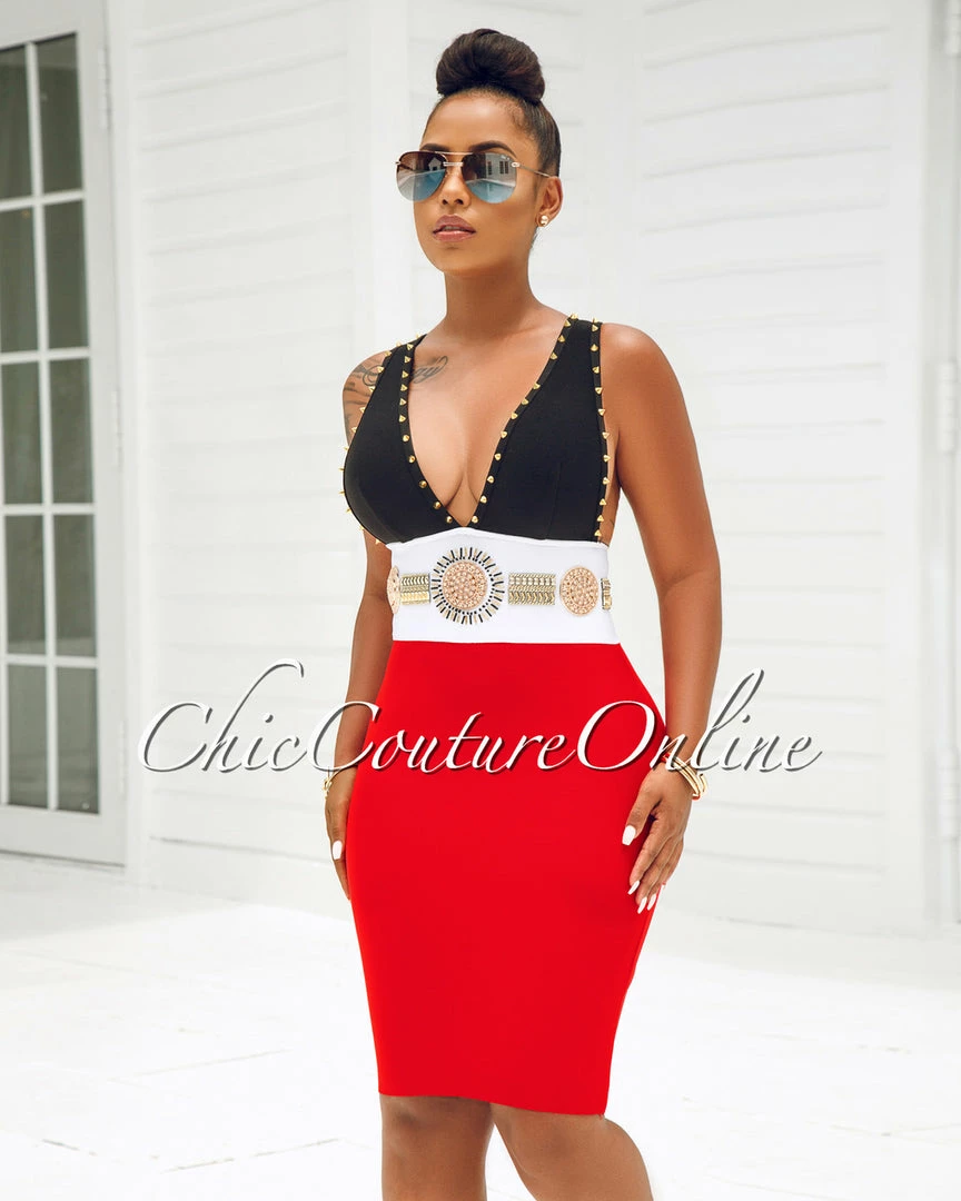 Chic Couture Online Vergara Black Tomato Gold Studs Rhinestone Bandage Dress JUST IN