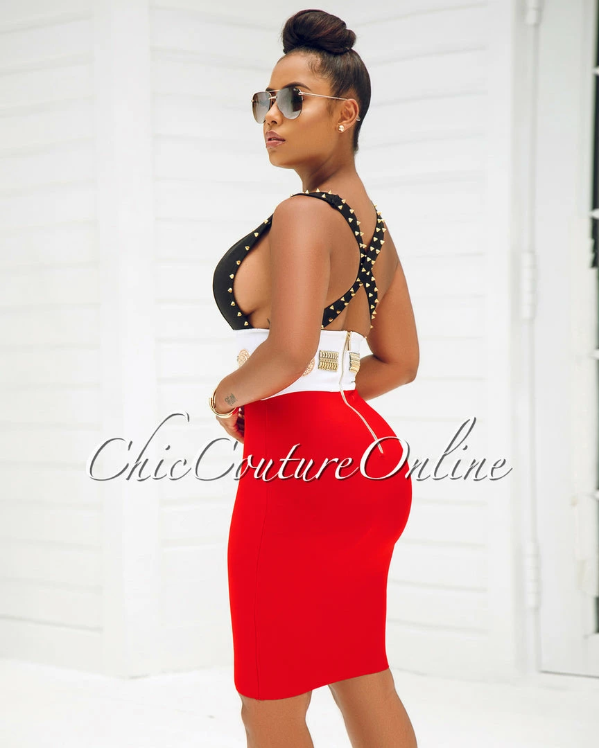 Chic Couture Online Vergara Black Tomato Gold Studs Rhinestone Bandage Dress JUST IN