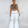 Vendor-unknown Jewel White Denim High Waist Destroyed Knee Bell Leg Pants
