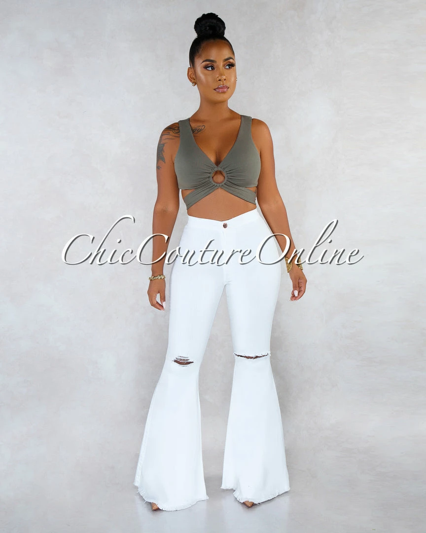 Vendor-unknown Jewel White Denim High Waist Destroyed Knee Bell Leg Pants