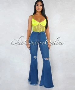 Vendor-unknown JUST IN Jewel Blue Denim High Waist Destroyed Knee Bell Leg Pants