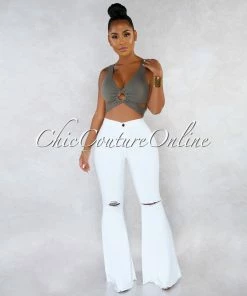 Vendor-unknown Jewel White Denim High Waist Destroyed Knee Bell Leg Pants