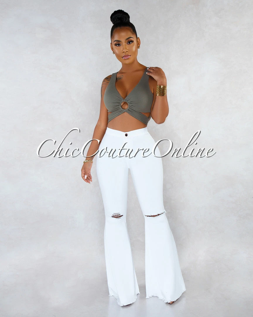 Vendor-unknown Jewel White Denim High Waist Destroyed Knee Bell Leg Pants