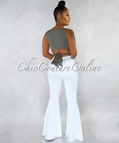 Vendor-unknown Jewel White Denim High Waist Destroyed Knee Bell Leg Pants