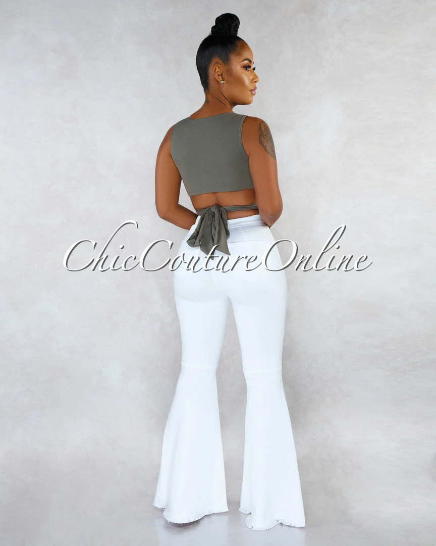 Vendor-unknown Jewel White Denim High Waist Destroyed Knee Bell Leg Pants