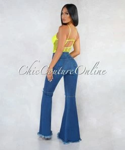 Vendor-unknown JUST IN Jewel Blue Denim High Waist Destroyed Knee Bell Leg Pants