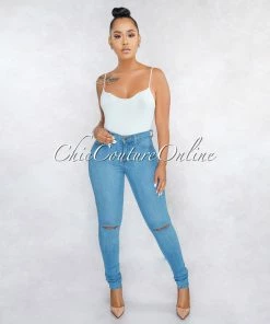 Vendor-unknown JUST IN Kenya Light Blue Denim Cut-Out Knees Jeans