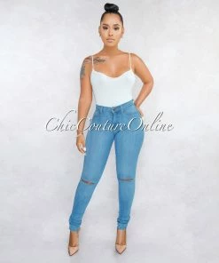 Vendor-unknown JUST IN Kenya Light Blue Denim Cut-Out Knees Jeans