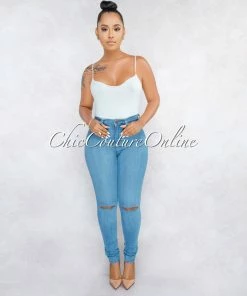 Vendor-unknown JUST IN Kenya Light Blue Denim Cut-Out Knees Jeans